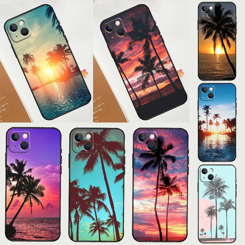 Sommer Strand Sonnenuntergang Palme Fall für iPhone 13 12 11 14 15 16 Pro Max Mini XR XS X Plus Silikon Stoßstange Abdeckung Capa