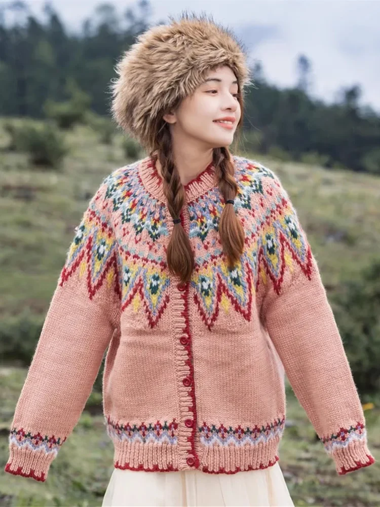 102cm bust Fall Fair Isle Cardigans Women Nordic Vintage Hand Knitted Pure Handmade Knitted Thick Warm 100% Wool Sweaters Coat