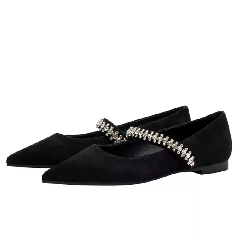

Suede Pointed Toe Women Single Shoes Rhinestone Decorated One Belt Elegant Ladies Flat Simple Casual Commuting Dress Shoes