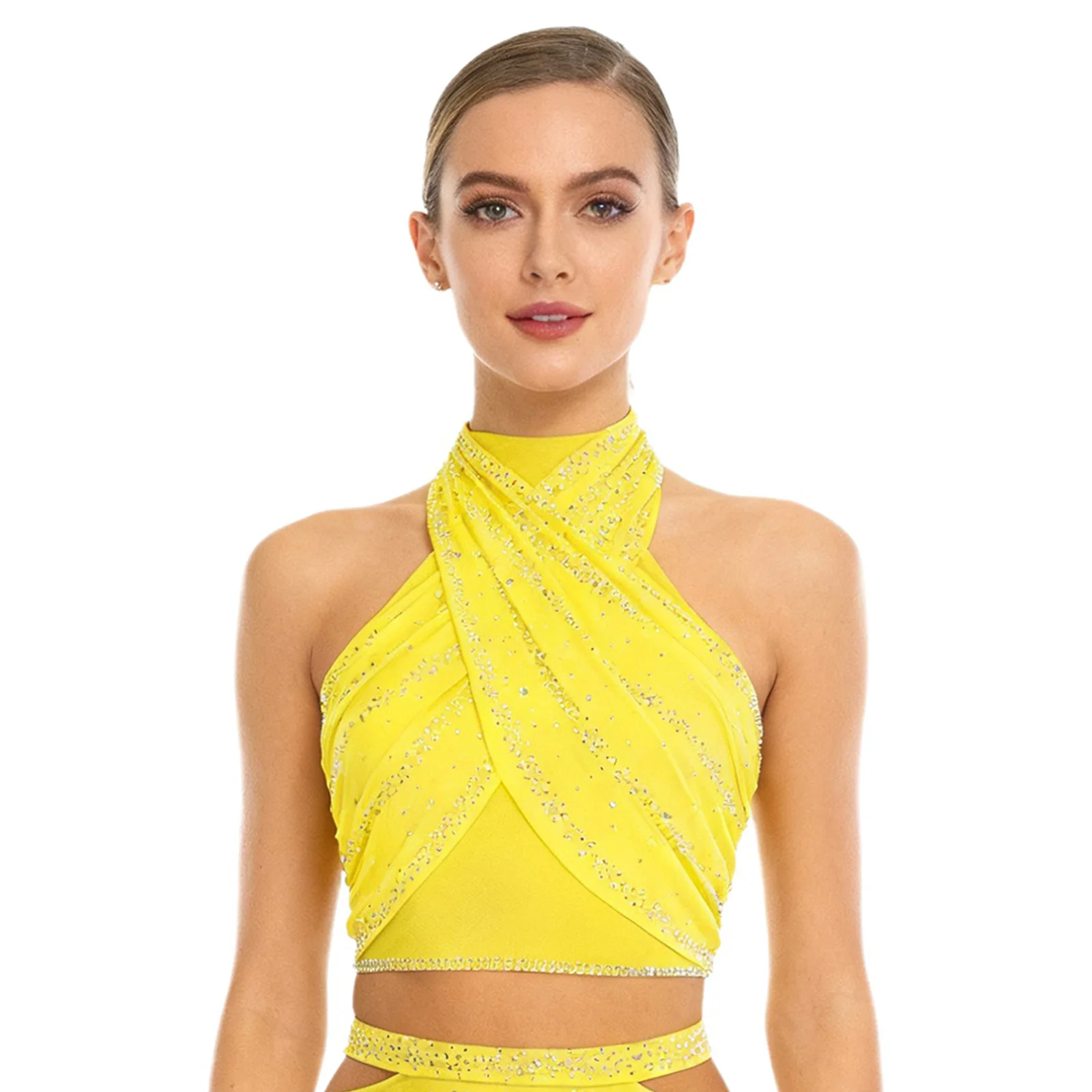 Vrouwen Salsa Cha-Cha Latin Danskostuum Halter Tops Mouwloze Vesten Backless Glanzende Steentjes Front Cross Mesh Crop Top