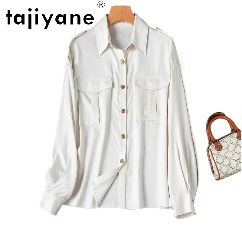 

TAJIYANE 100% Real Mulberry Silk Shirts Women Stylish White Square Collar Tops Long Casual Utility Blouse 2026 Spring Clothes 셔츠