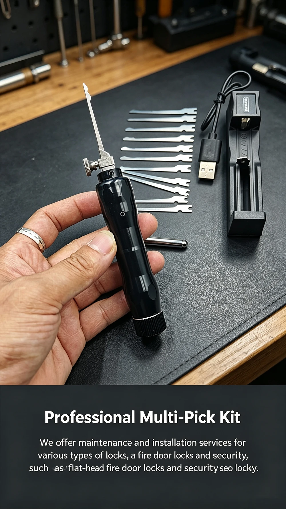 Professionelles, wiederaufladbares elektrisches Schlossöffner-Set, handliches Schlosserwerkzeug-Set mit komplettem Satz an Ersatz-Schlossöffnerklingen. – Detail 1