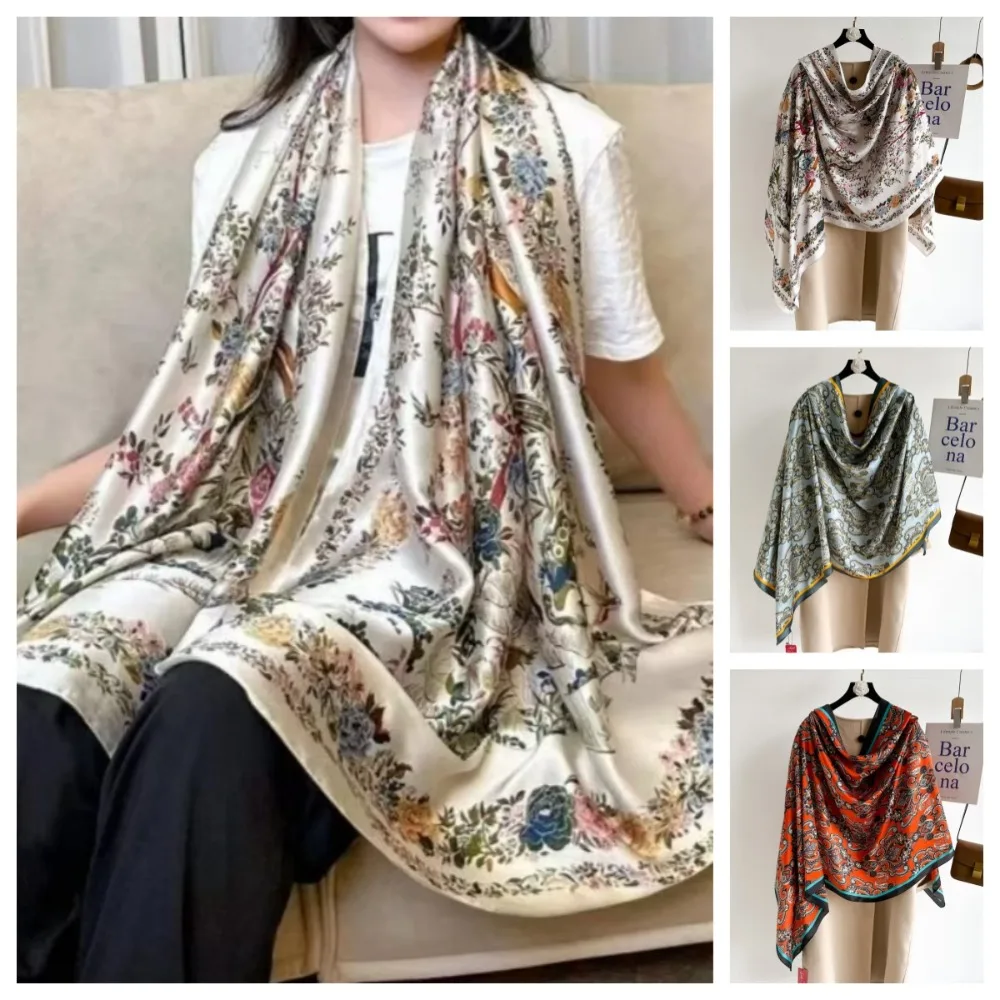 Luxury Flower Silk Scarf Shawls Soft Thin Satin Neck Scarves Sunscreen Large Beach Hijab Dress Decor