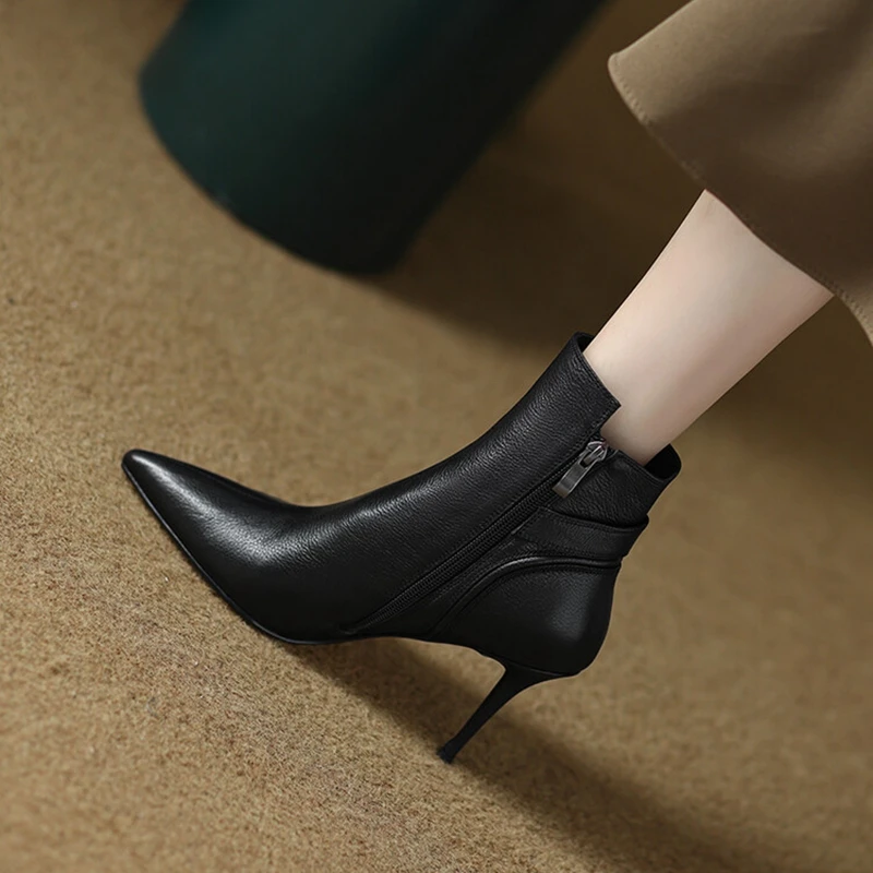 NEW Autumn Women Shoes Genuine Leather Ankle Boots for Women Pointed Toe Super High Heel Shoes Elegant Thin Heel Boots for Women