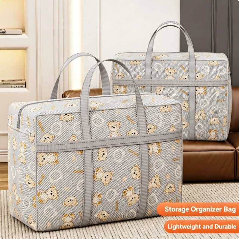 Large Capacity Moving Storage Bag for Quilts, Cartoon Bear Pattern, Durable Cotton Dustproof Organizer with Handles, Packaging