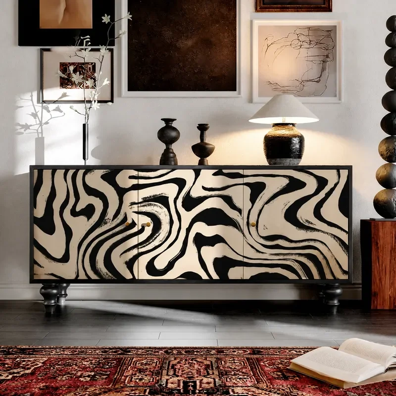 Chinese Style Solid Wood Chest Cabinet Living Room Locker Household Dining Side Cabinet Entrance Black and White Striped