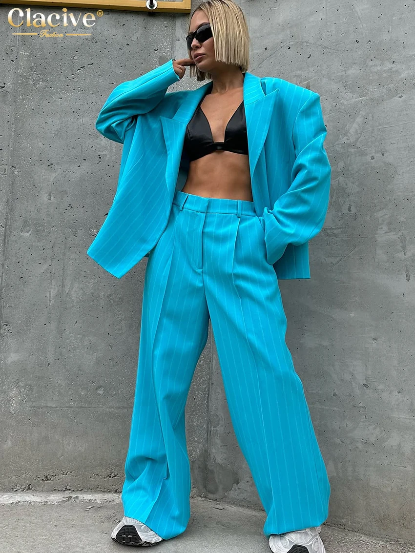 

Clacive Fashion Loose Print Women's Two Pieces Set 2025 Winter Long Sleeve Blazer With High Waist Wide Trousers Suits Female