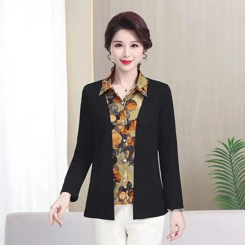 6XL Middle-aged Women Blouse Spring New Long Sleeve Fake Two Pieces Shirts Large Size Female Print Tops Elegant Cardigan Blaus