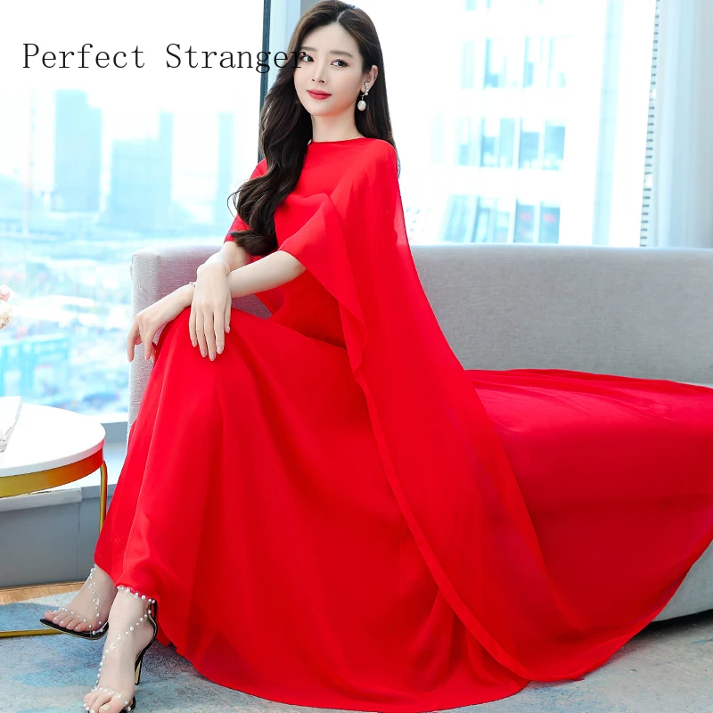 Women Dress Chiffon Solid Color Two Pieces Cape Style Maxi Boho Summer Sukienka Ropa Mujer Robe Longue Femme Chic Vestidos