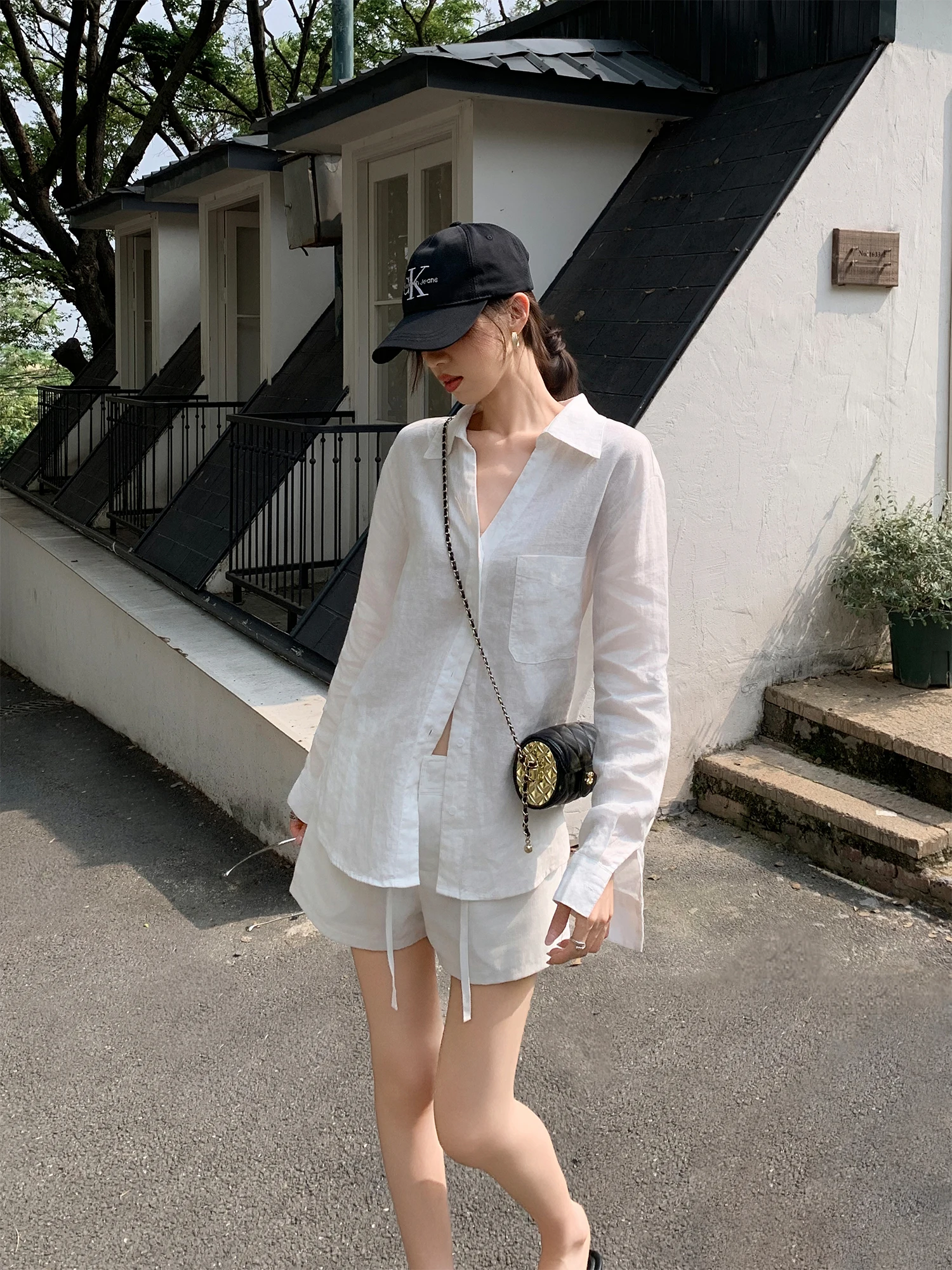 

Nuomici Casual Loose Long Sleeve White Shirt Silk Linen Material V-Neck Color Women's Fashionable Versatile Lazy Style