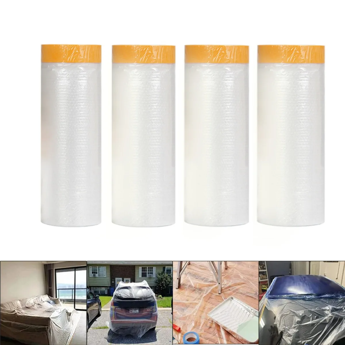 Pre-Taped Masking Film for Auto Painting Covering, Plastic Pre-Adhesived Dust Paint Protective Drop Film for Furniture, Car