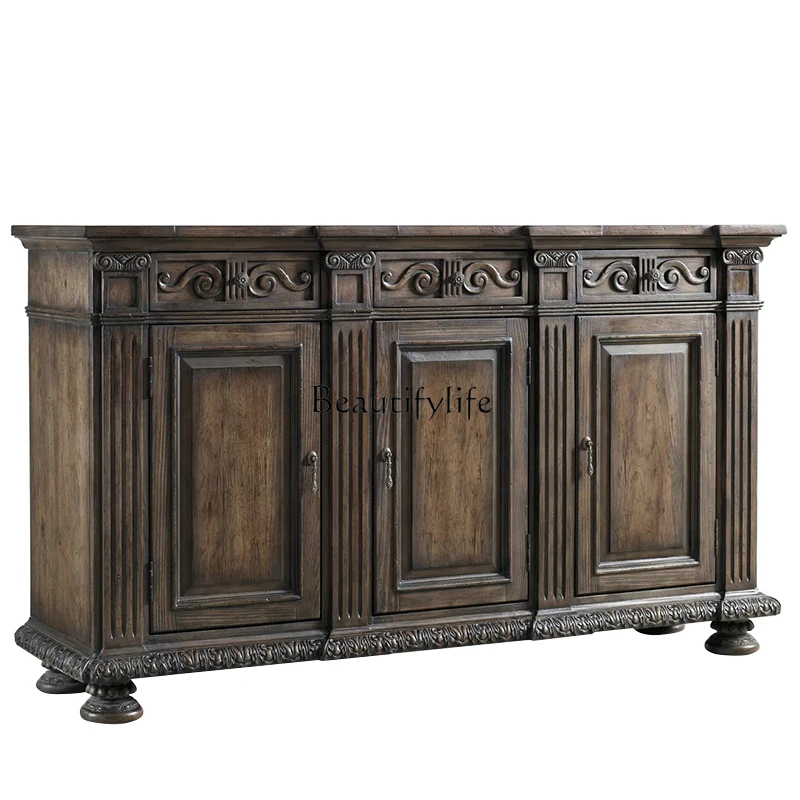 

05-American country side cabinet oak carving retro storage storage cabinet antique and old