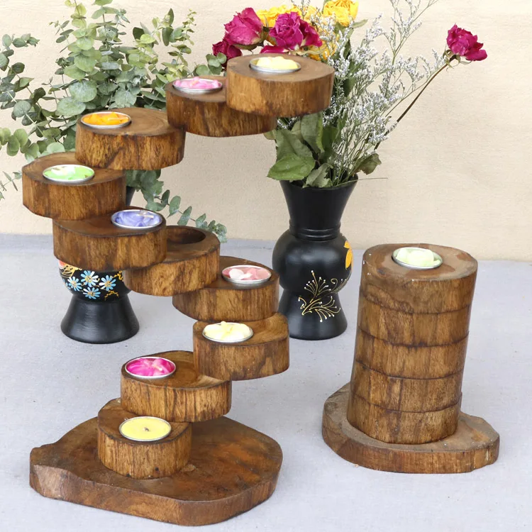 Wood Candlestick Southeast Asia Hotel Club Candlelight Dinner Rotating Multi-layer Candlestick Small Flower Stand Candle Holder