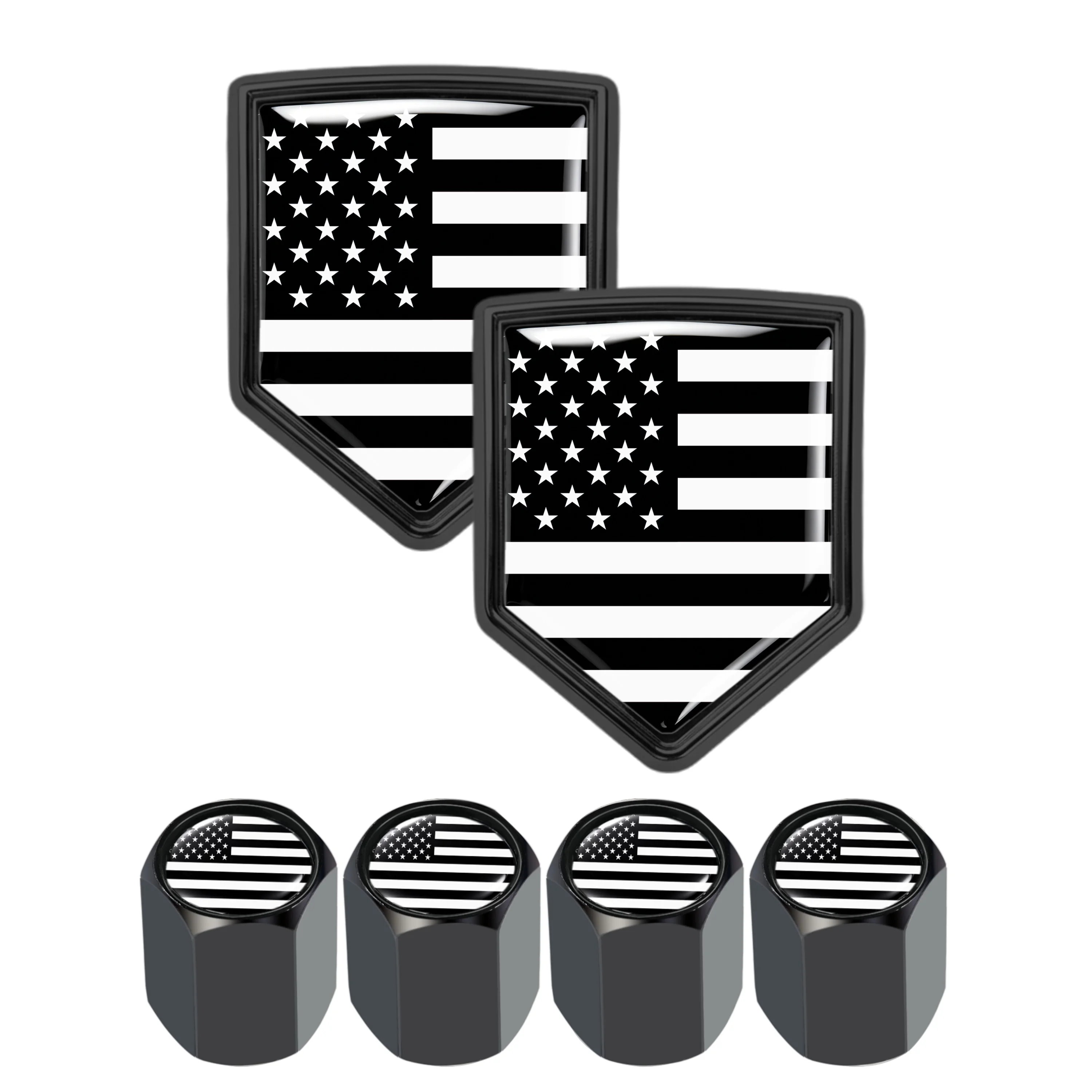 

Car Accessories - 2-Pack USA Black and White Flag Shield Car Stickers & 4-Pack Valve Stem Caps for Car SUV Truck