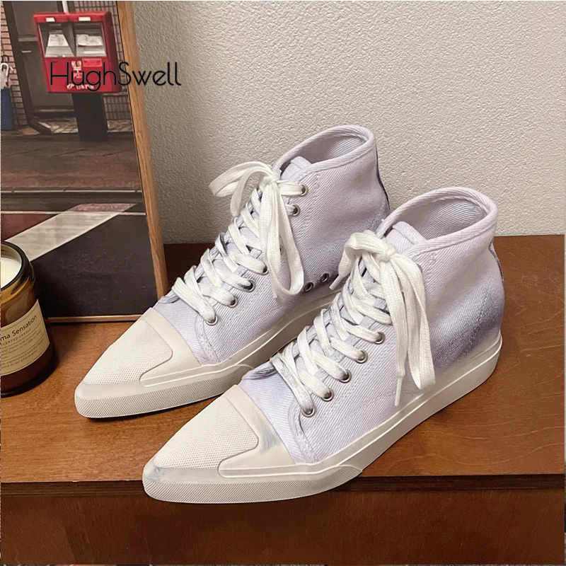 Designer Style Woman Luxury Pointed Toe High Top Canvas Sneakers Ladies Old Dirty Lived-in Look Inner Height Vulcanized Shoes