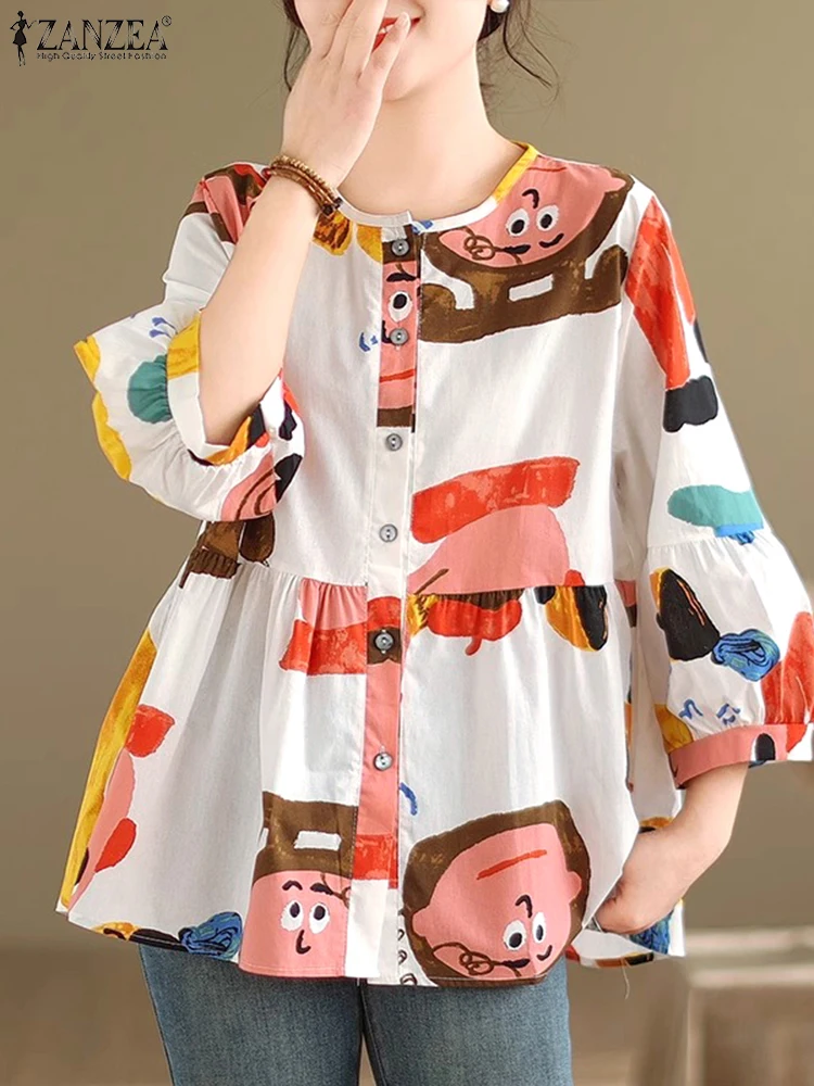 เสื้อเชิ้ตผู้หญิง ZANZEA รุ่นฤดูใบไม้ร่วง ปี 2025 ลายพิมพ์ทันสมัย สไตล์ลำลอง คอทรงโอ แขนยาว ติดกระดุม เสื้อทรงหลวม ไซส์ใหญ่