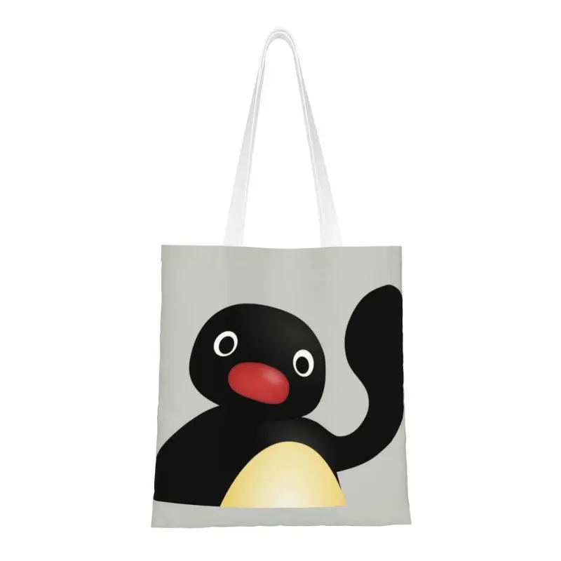 Kawaii Pingu Waving Shopping Tote Bag Recycling Penguin Canvas Groceries Shopper Shoulder Bag