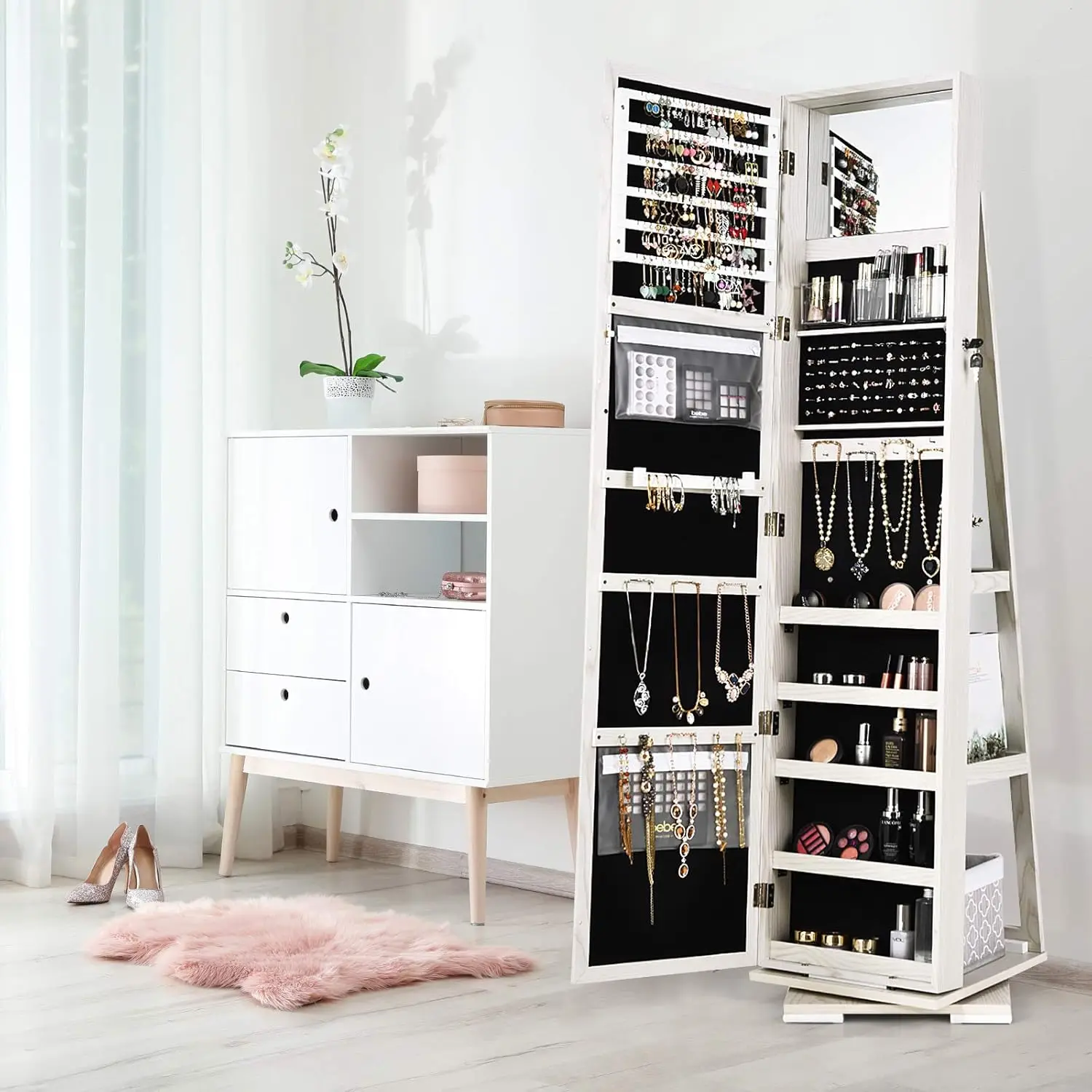 Armoire à bijoux avec miroir de maquillage intérieur pleine longueur supérieur, armoire verrouillable debout, grande capacité, dos S