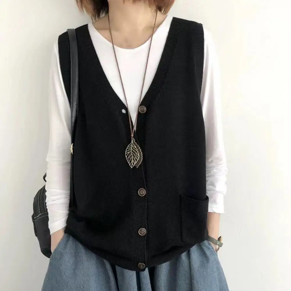 Knit Top Cozy V-neck Knitting Vest for Women Warm Waistcoat with Pockets Solid Color Loose Fit Tank Top Soft Women Vest