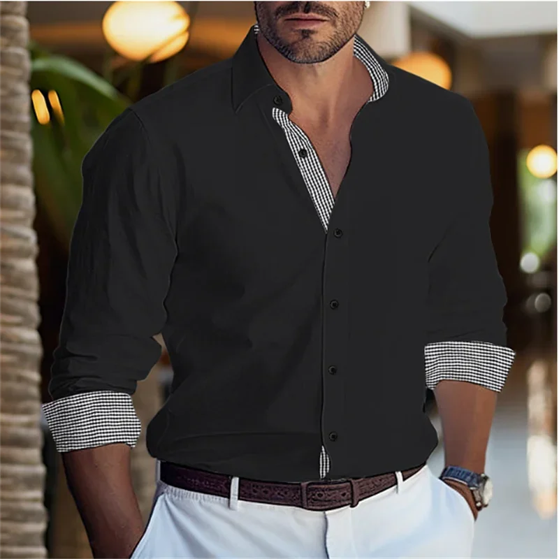 New Men Fashion Simple Office Business Casual Plaid Splicing Men's Shirt Soft Comfortable Lightweight Top Button Lapel Plus Size