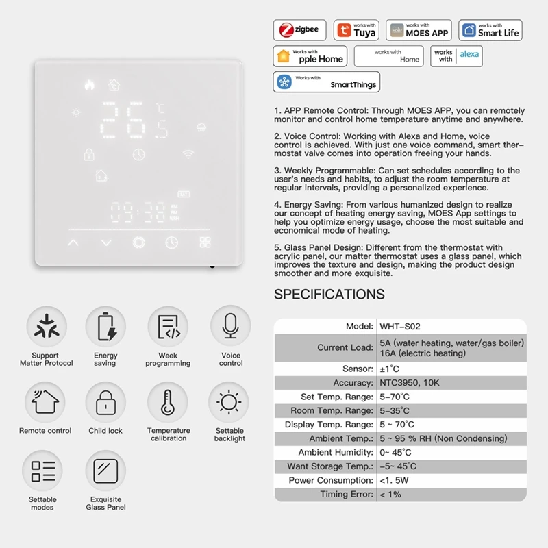 Tuya Wifi Matter Thermostat Boiler Heating Temperature Controller Support APP Remote Control Alexa Voice Control B