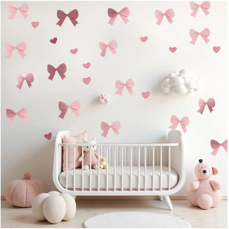 

12-листые наклейки на стену с розовым бантом — акварельные светло-розовые наклейки с бантом, кокетка для детской комнаты, самоклеящаяся наклейка и наклейка