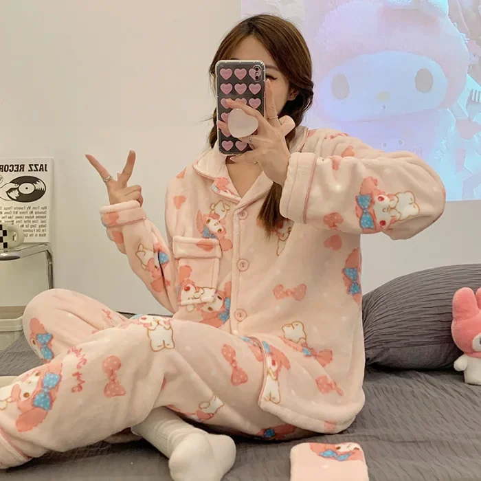 Anime Cinnamoroll Pajamas Suit Female Sanrio Kawaii Hello Kitty Kuromi Cartoon Winter Warm Flannel Homewear Clothes Girls Gift