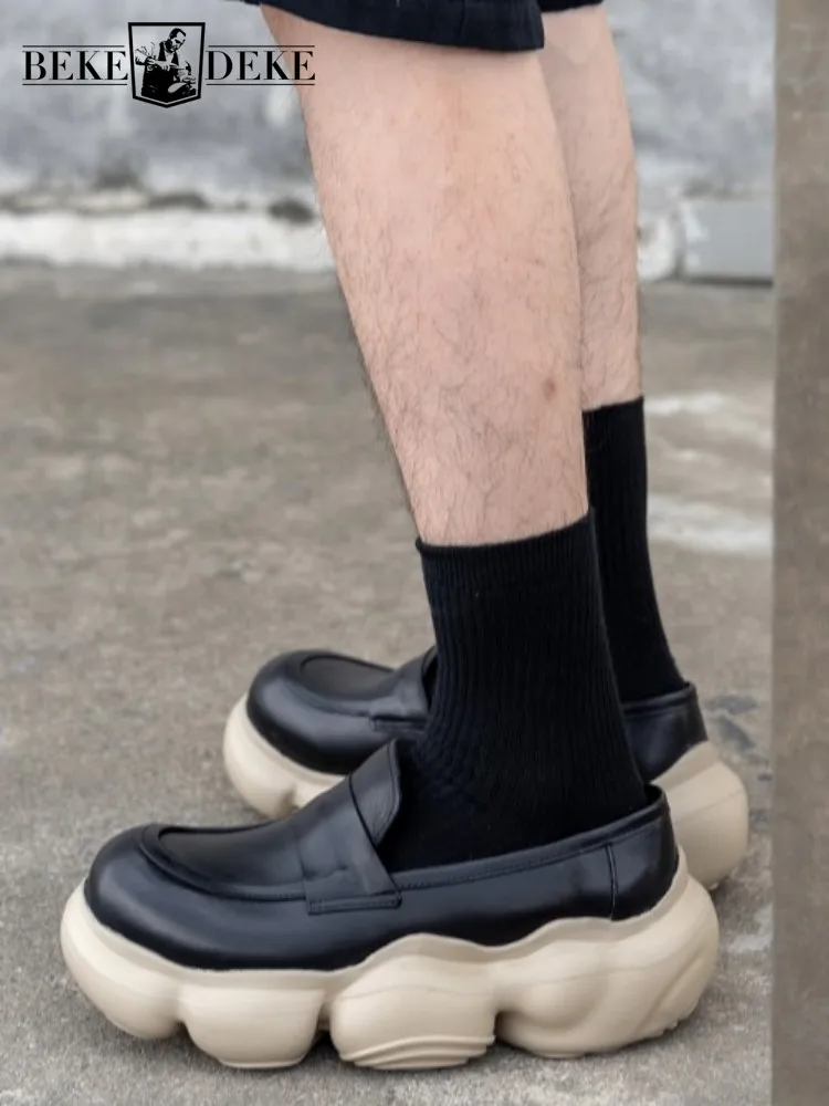 

Concise Style Solid Color Cowhide Round Toe Platform Casual Shoes Genuine Leather Slip On Male Handmade High Heel Loafers