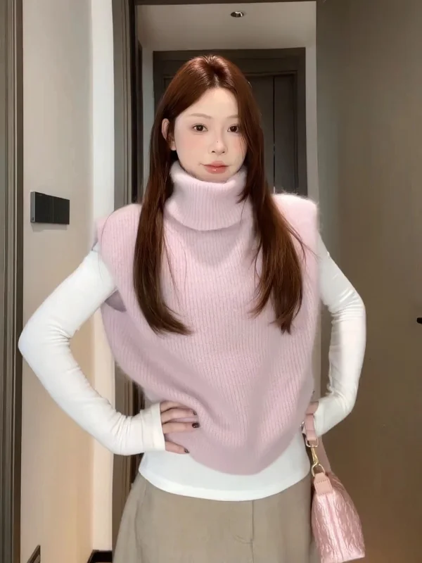

Large Size High Ne Knitted Vest Women's Faion Design Layering Top Korean Sle Lazy Sle Sweater Autumn Winter Wear