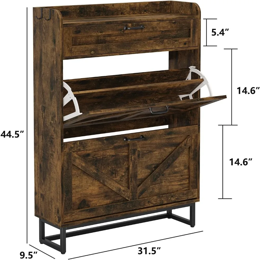 Shoe Storage Cabinet with 2 Flip Drawers & 1 Drawer, Freestanding Shoe Rank, Shoe Cabinet with Mental Legs for Entryway