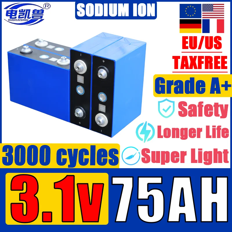 

4–16 Stück Natrium-Ionen-Akku 3,1 V 2,9 V 75 Ah 20 C Entladung 12 V 24 V Elektrowerkzeug und Motorrad-Solarwechselrichter-Ladeba