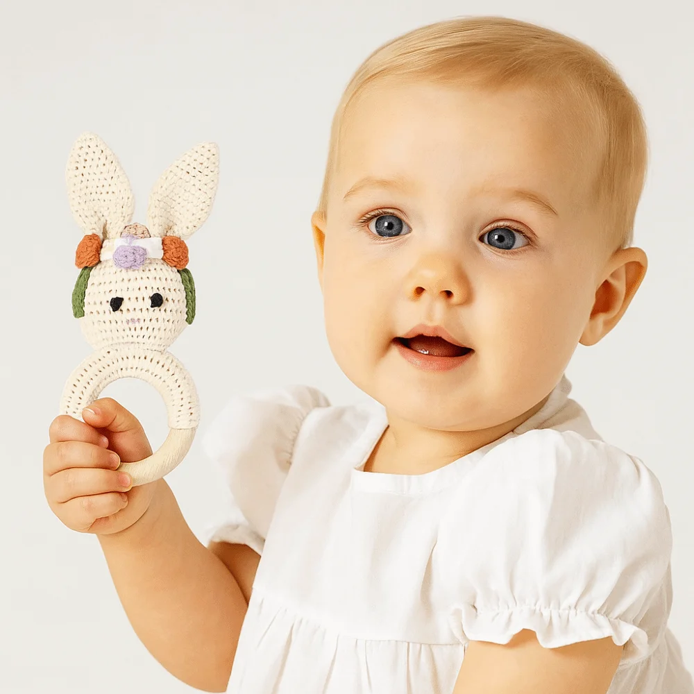 Legno Roditore Coniglio Bambino Crochet Sonaglio Morso Agganciato Giocattoli Morbidi BPA Giocattolo Libero Lavorato A Maglia Animale Del Fumetto Design Lenitivo