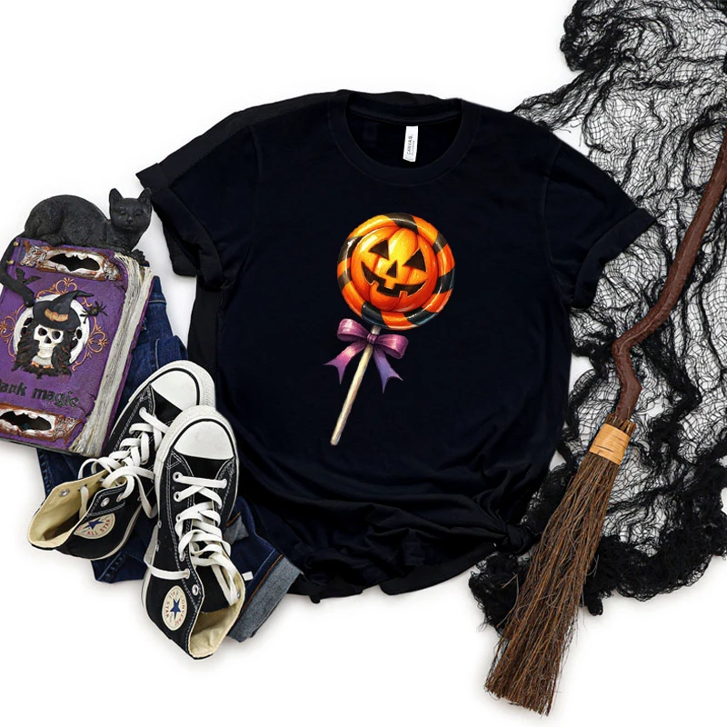 Woman T-shirts Halloween Pumpkin Lollipop Vintage Style T-shirts Female Lollipop Halloween Party Essential Fashion Casual Tops