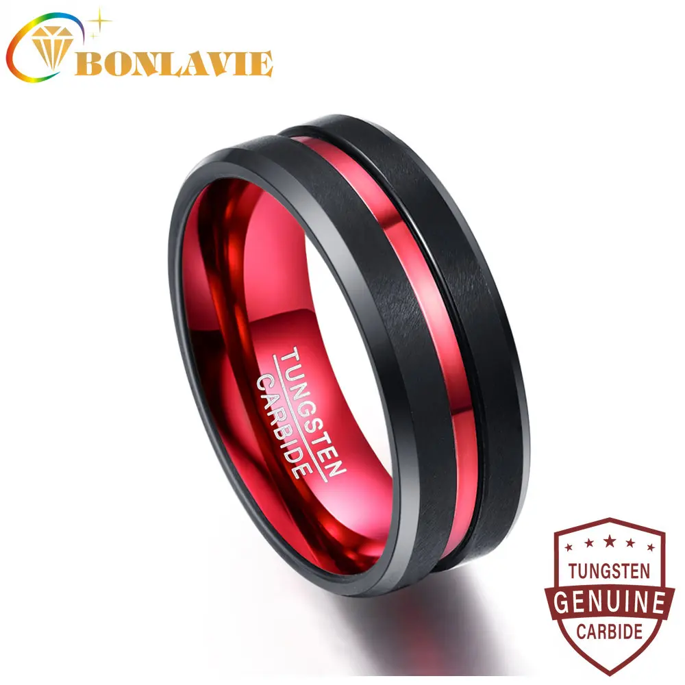 BONLAVIE New Hot Sell Men's 8MM Black and Red Tungsten Carbide Ring Matte Finish Beveled Edges Size 7 To 16 AAA Quality Jewelry