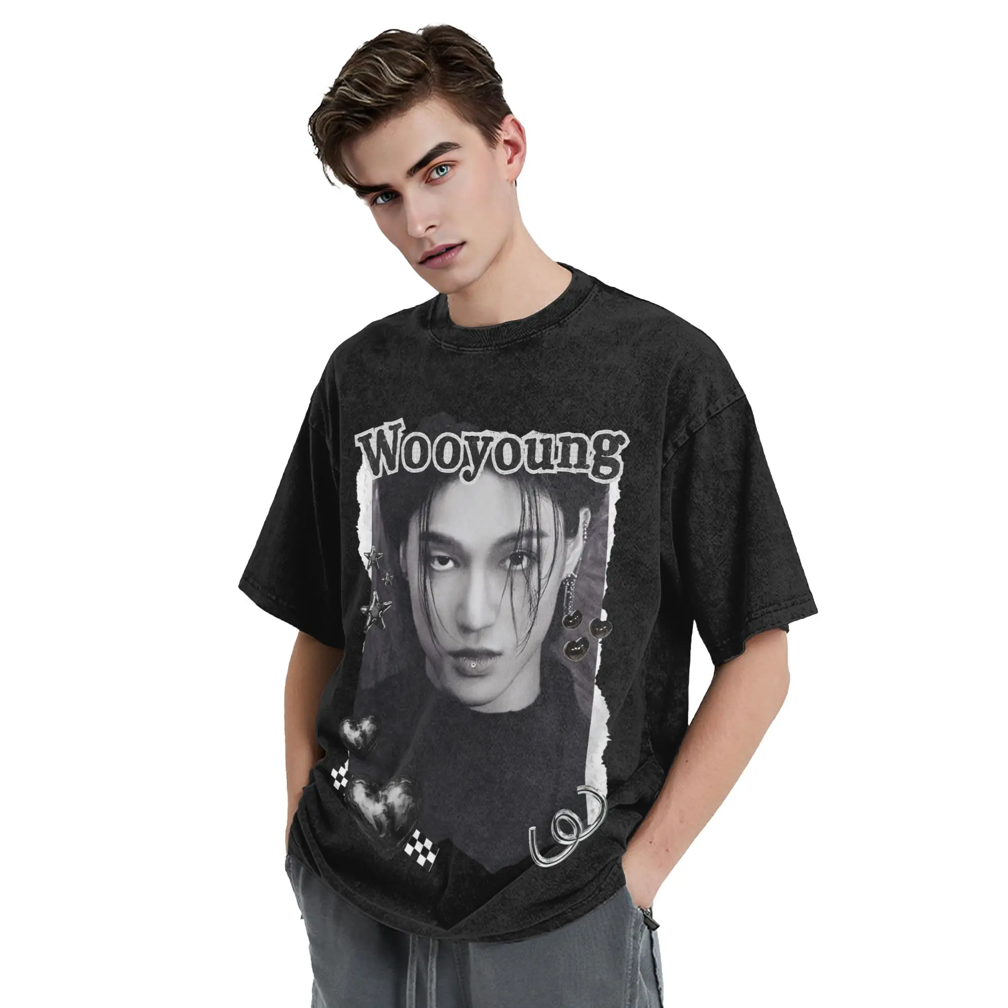 Kpop Boy Group A-Ateez Wooyoung Washed T Shirts Streetwear  Vintage T-Shirts  Tee Shirt for Men Women Short Sleeve Harajuku