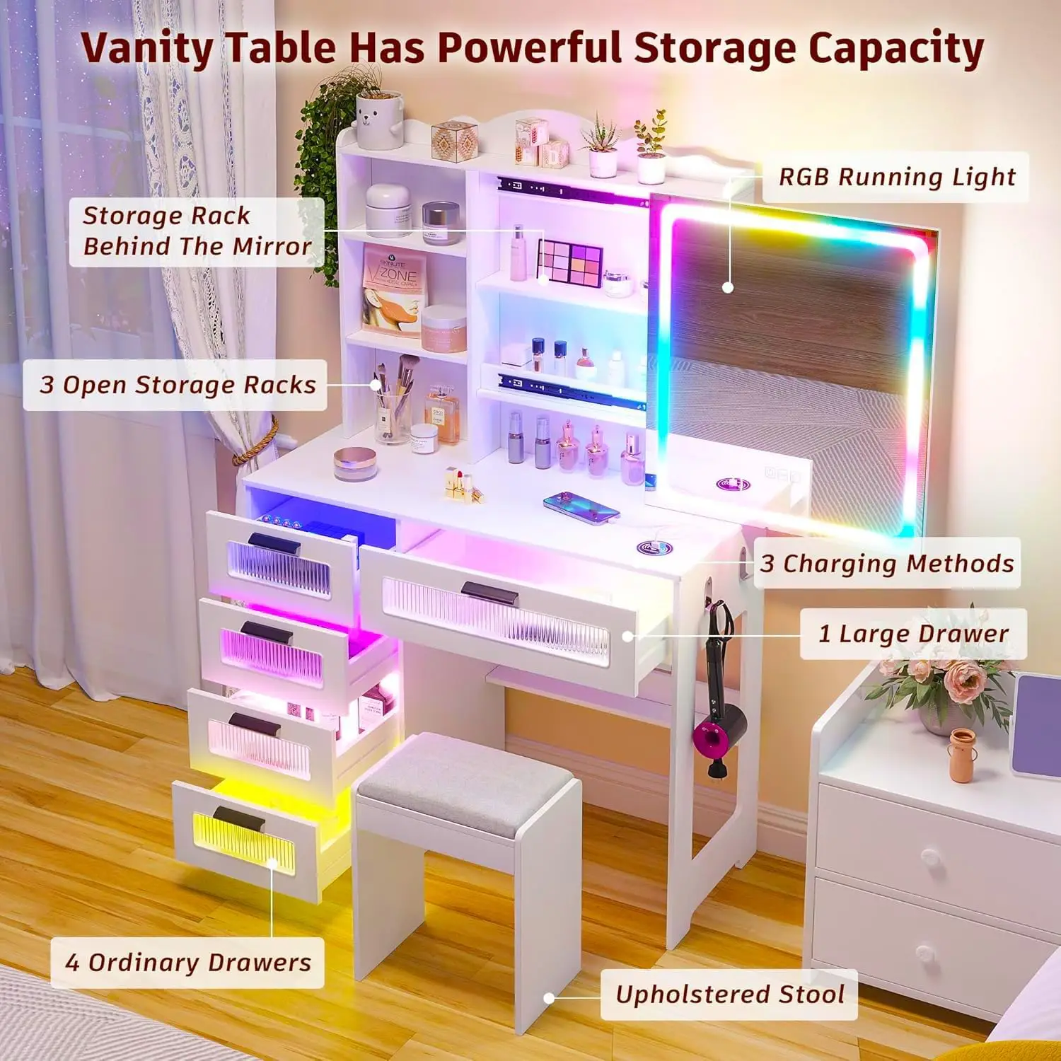RGB LED Makeup Vanity Desk with Mirror, Charging Station & 5 Drawers, White Vanity Set with Stool