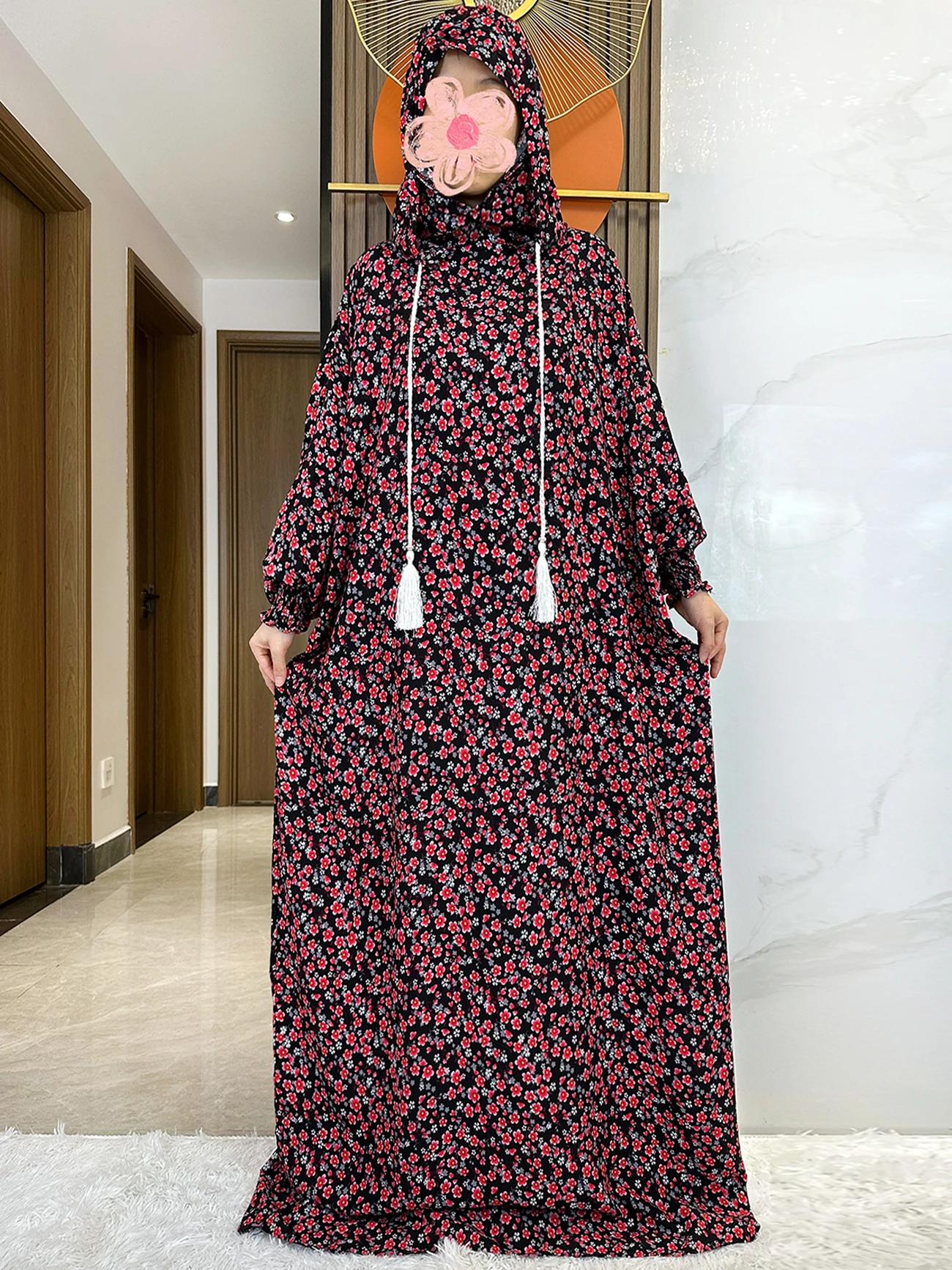 2024 Ramadan Niqab Khimar Muslim Floral Cotton Abaya Dubai Turkey Islam Prayer Clothes African Dresses Kaftan Robe Femme