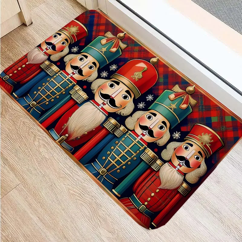 German Nutcracker Soldier Doormat Golden Trim Rug, Plush Machine Washable Small Door Carpet for Traditional Christmas Decor
