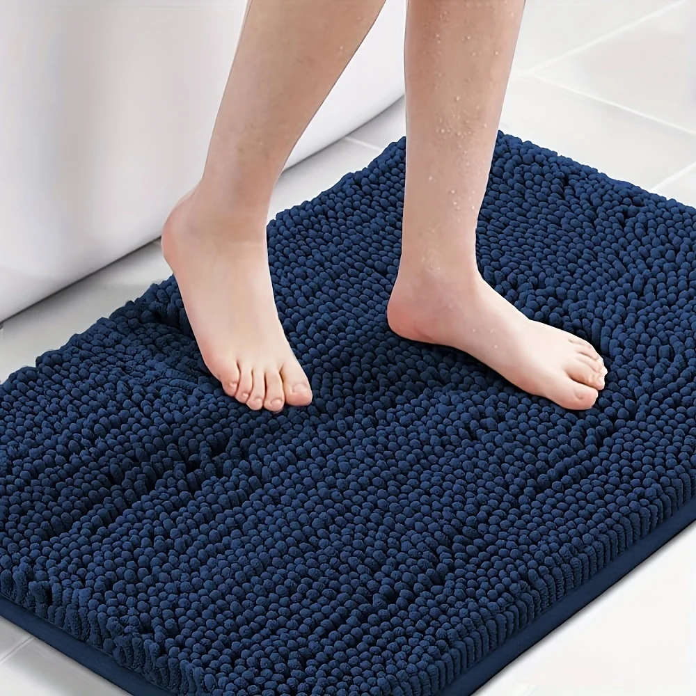 1pc Blue Chenille Bath Mat - Super Absorbent & Anti-slip - Luxuriously Soft, Durable, Machine Washable - Perfect for Bathroom & 