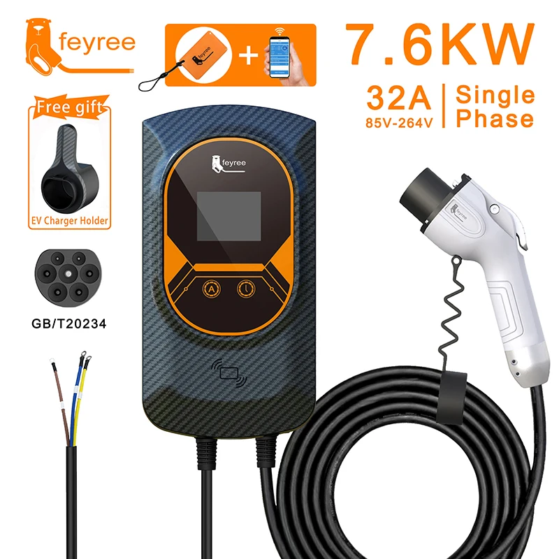 feyree EV Charger GB/T Cord 16A 32A EVSE Wallbox 7KW 11KW 22KW APP Control RFID Card Control 5m Cable for Electric Vehicle Car