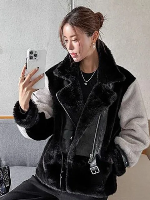 เสื้อโค้ทขนเฟอร์เทียมสีสันสดใสสไตล์เกาหลีสำหรับผู้หญิง รุ่นซิปตรงทรงตรง