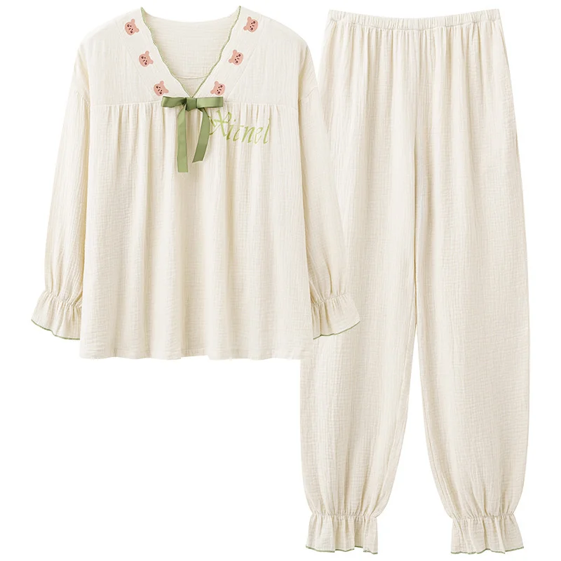 V-neck Pajamas with Pullover Spring and Autumn Loose Loungewear Cute Girl Dorm Sleepwear Long-sleeved Trousers Set Nightwear