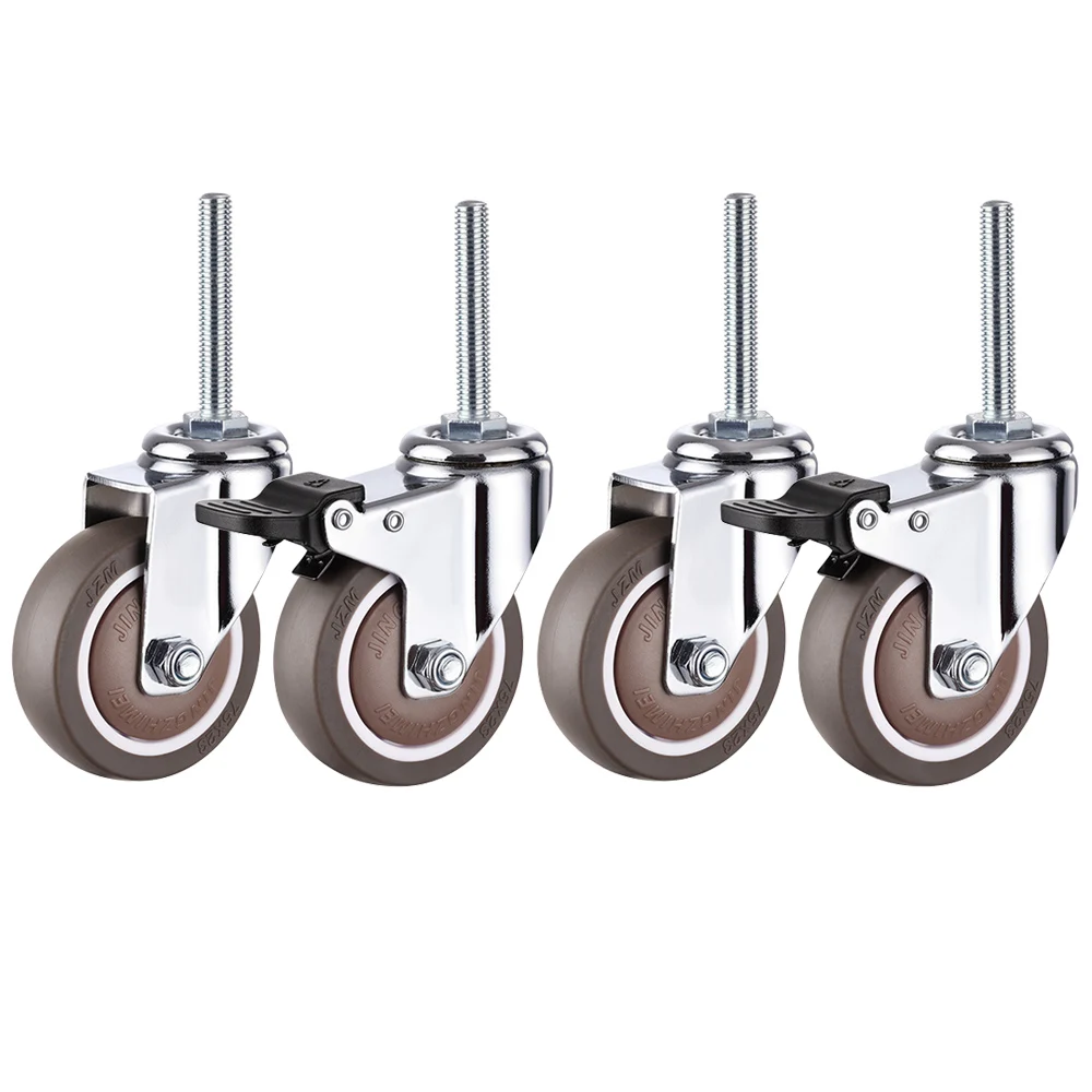 

4Pcs Swivel Rubber Caster Durable Industrial Castors, M12x60mm Threaded Stem Locking Casters for Furniture Shelving Carts