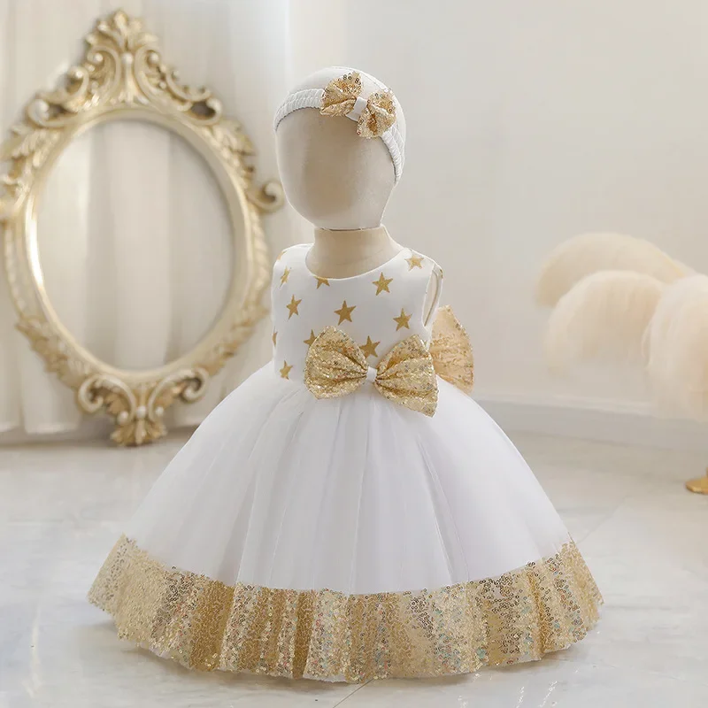 Golden Sequines Infant Dress Gown Star Prints Super Bow Princess Dresses For Girls Newborn Babies Clothes 0 to 12 Months 3 4 5Y