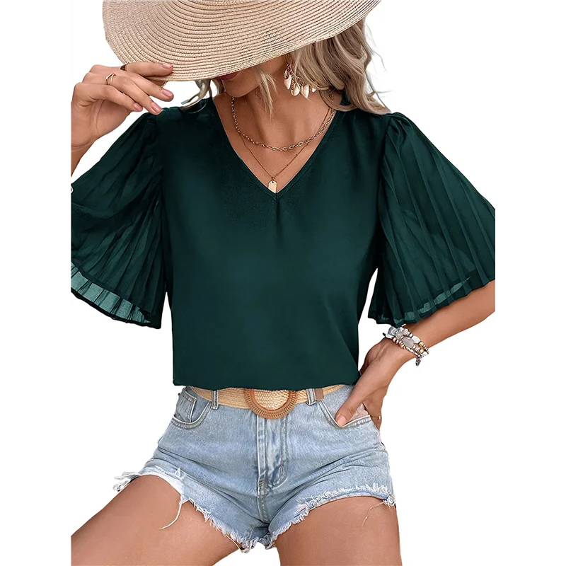 【SEE】Women Dressy Blouses Summer Puff Petal Short Sleeve Shirts V Neck Business Casual Work Tops