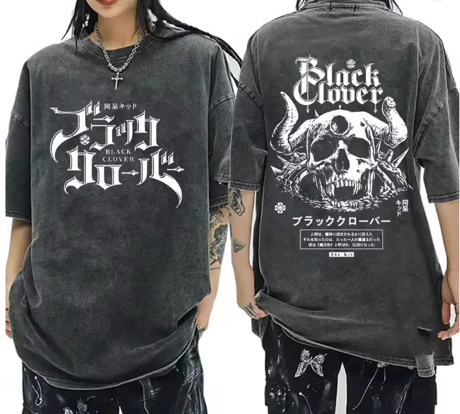 Black Clover Asta Yuno Yuno Vintage Washed Anime T-shirts Fashion Hip Hop T Cotton Short Sleeve T-shirt  Men's Women Clothing