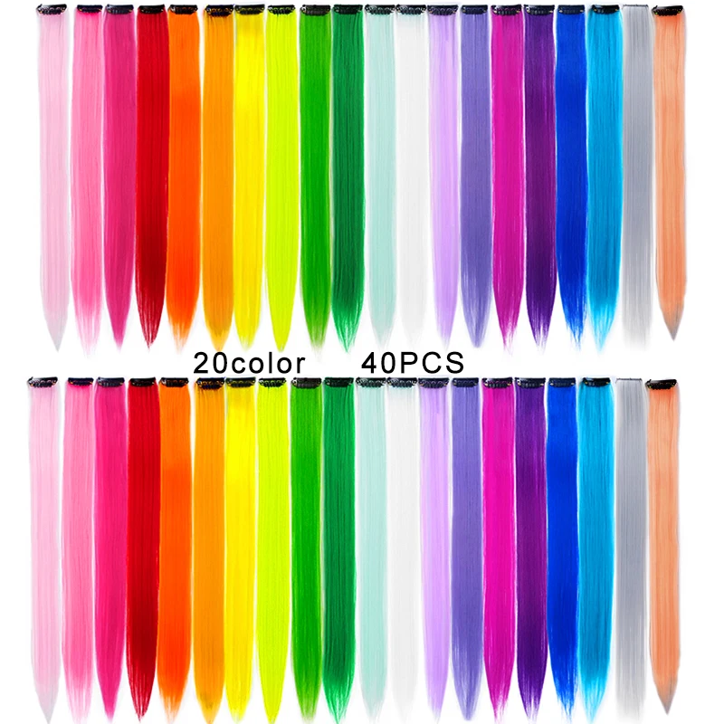 40Packs Rainbow Clip In One Piece Hair Extensions Straight Wave Colored Blue Pink For Kids Synthetic False Clip In Hair Pieces