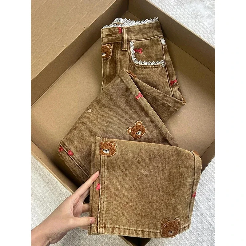 

Кружевные джинсы с плюшевым мишкой и вышивкой в стиле пэчворк, широкие джинсы, весенние облегающие повседневные джинсы с высокой талией для поездок на работу JJ36