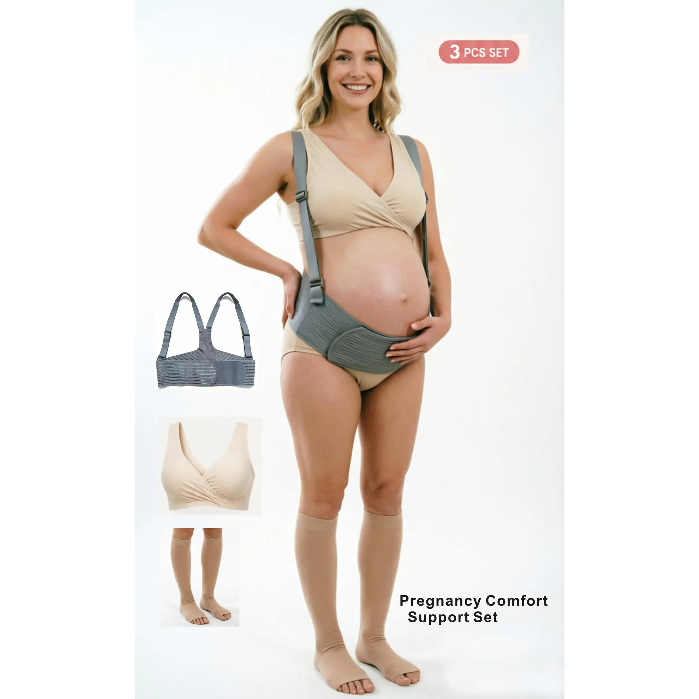 3 Pcs Maternity Essential Set: Maternity Support Belt + Open‑Toe Compression Socks + Cotton Crossover Nursing Sleep Bra
