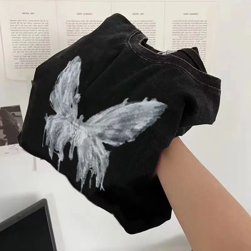 Y2k Gewaschenes Schwarzes Crop-Top Kurzarm-T-Shirt für Damen mit Schmetterlingsdruck Sommer Vintage Kleidung Übergroße Crop-Tops mit Kordelzug – Detail 6